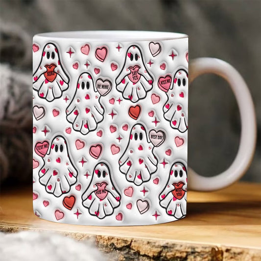 3D Inflated Valentine's Mug, 3D Heart Ghost Spooky Valentine'S Day Inflated Mug, Valentine Conversation Hearts Puffy Mug, Valentine 3D Coffee Mug