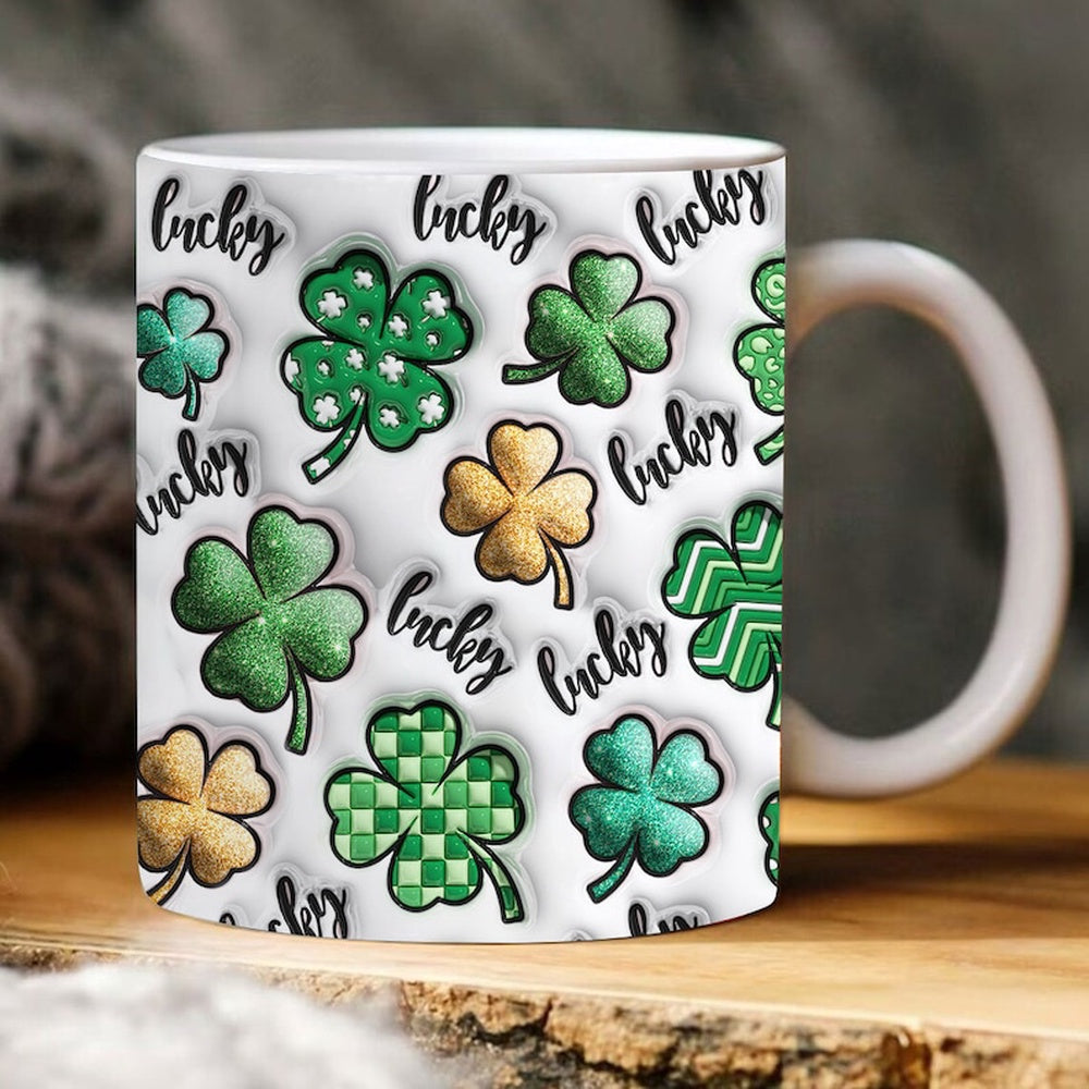 3D Lucky Four Leaf Glitter Clover Inflated Mug, 3D Coffee Mug, Cute 3D Inflated Mug, Birthday Gift, Christimas Gift