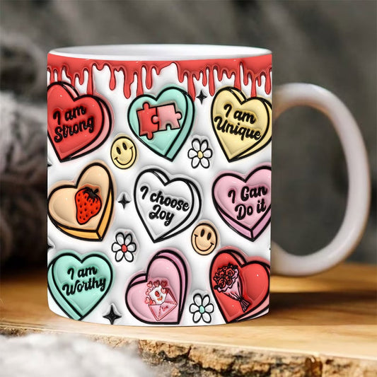 3D Positive Affirmations Inflated Mug, Candy Heart Puffy Mug, 3D Coffee Mug, Cute 3D Inflated Mug, Birthday Gift, Christimas Gift