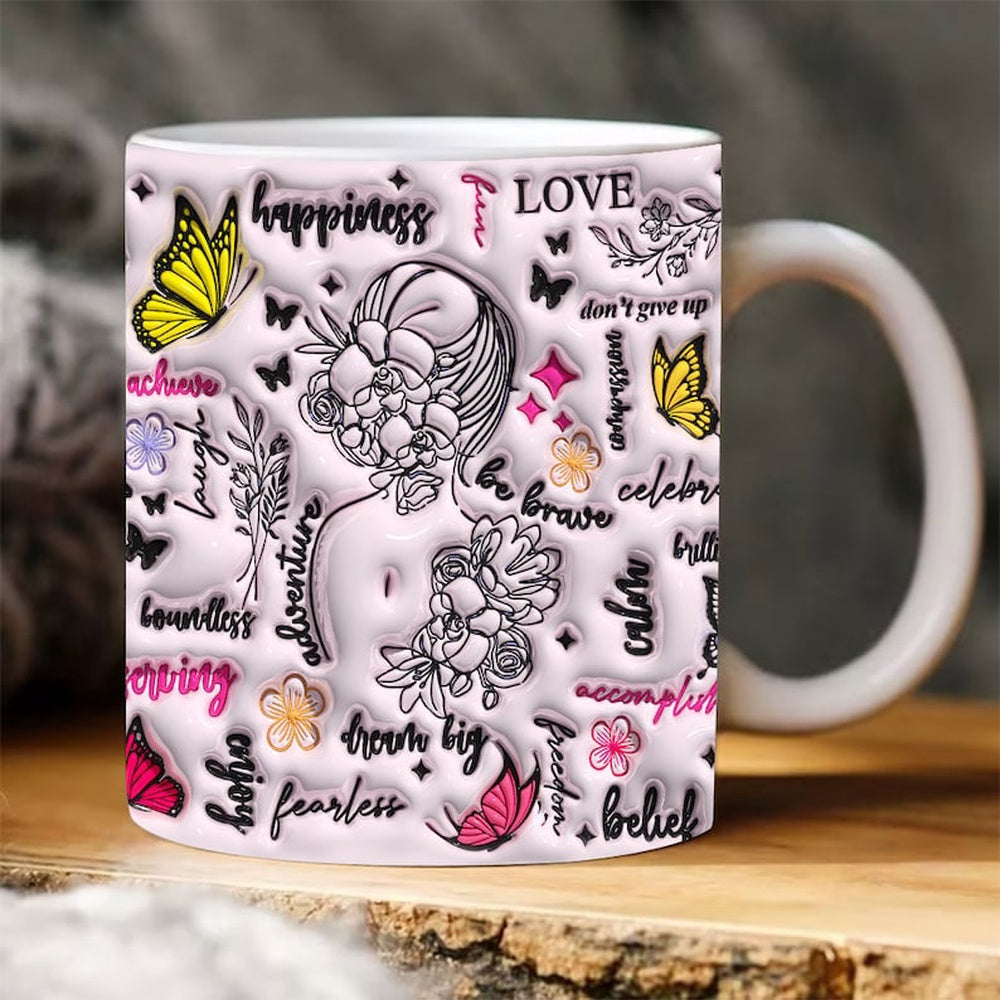 3D Positive Affirmations Inflated Mug, Inspirational Butterfly Puffy Mug, 3D Coffee Mug, Cute 3D Inflated Mug, Birthday Gift, Christimas Gift