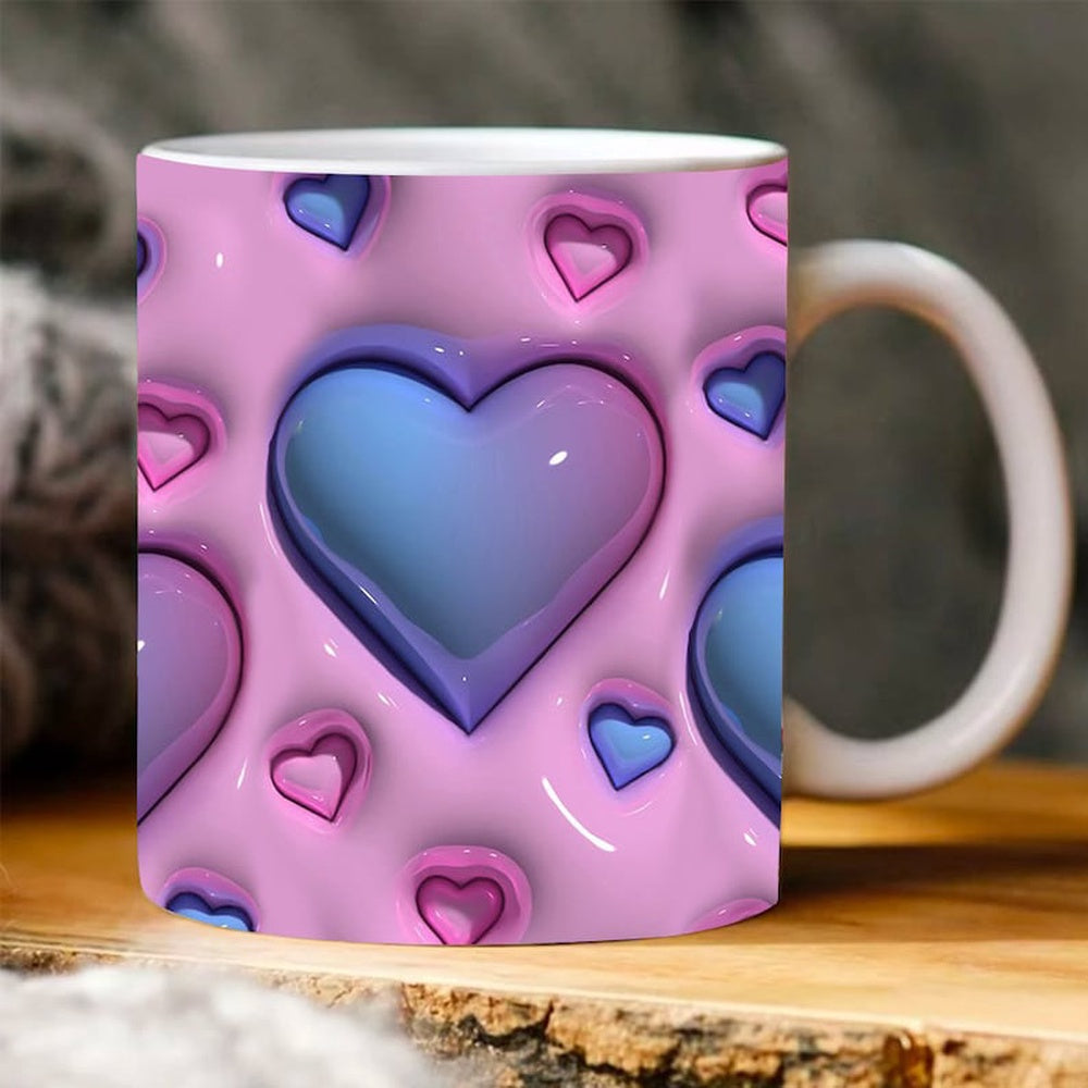 3D Purple Heart Puff Mug, 3D Pink Puff Mug 3D Floral Mug, 3D Coffee Mug, Cute 3D Inflated Mug, Birthday Gift, Christimas Gift