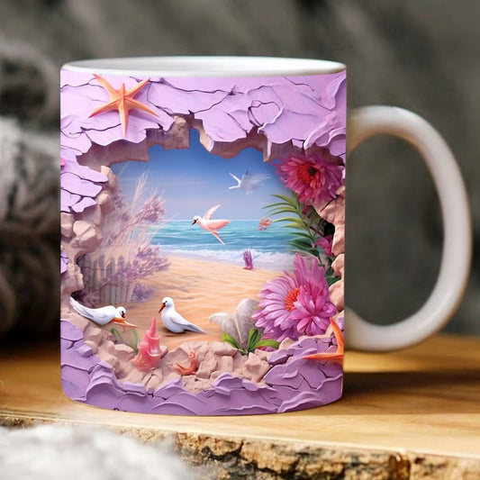 3D Sunset Beach Crack Hole Mug, 3D Coffee Mug, Cute 3D Inflated Mug, Birthday Gift, Christimas Gift
