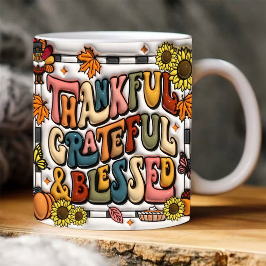 3D Thankful Grateful Blessed Inflated Mug, Thanksgiving Puffy Mug, 3D Coffee Mug, Cute 3D Inflated Mug, Birthday Gift, Christimas Gift