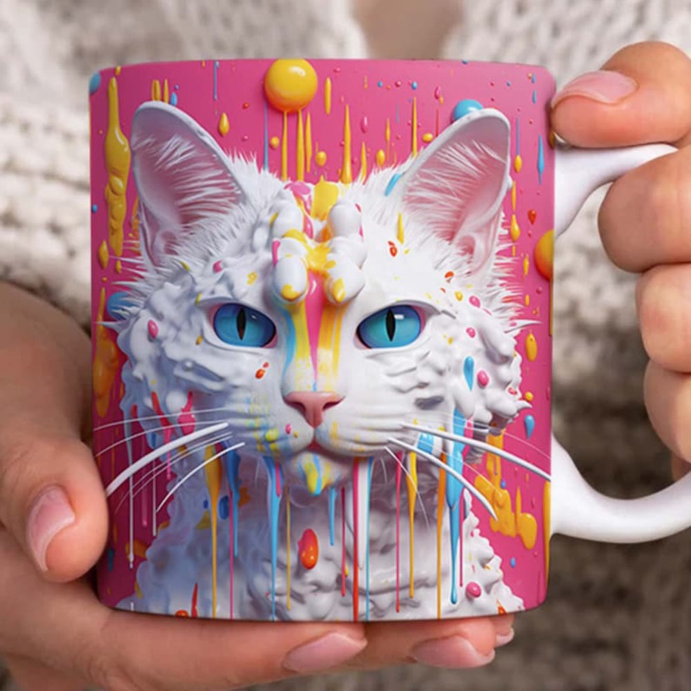 3D White Cat Painting Mug, 3D Coffee Mug, Cute 3D Inflated Mug, Birthday Gift, Christimas Gift