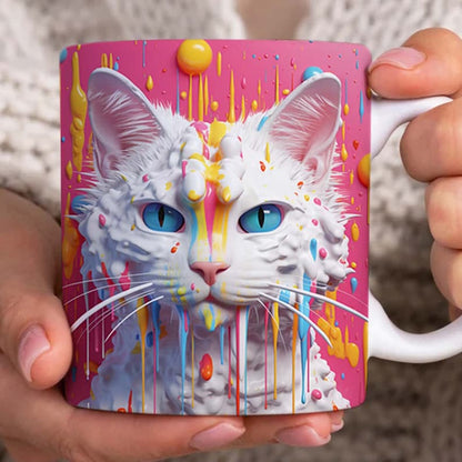 3D White Cat Painting Mug, 3D Coffee Mug, Cute 3D Inflated Mug, Birthday Gift, Christimas Gift