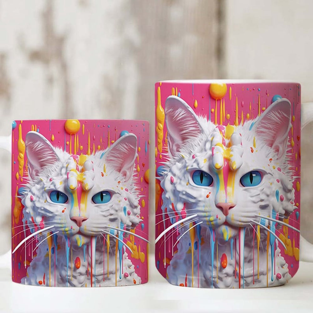 3D White Cat Painting Mug, 3D Coffee Mug, Cute 3D Inflated Mug, Birthday Gift, Christimas Gift