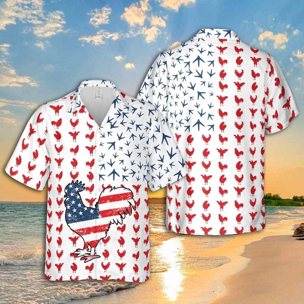 4Th Of July Hawaiian Shirts, 4Th July Rooster American Flag Unisex Hawaiian Shirts, Chicken Lover Hawaiian Shirt