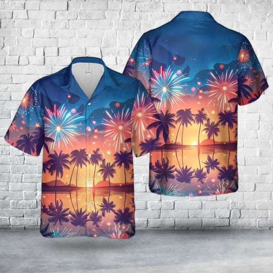 4Th Of July Hawaiian Shirts, 4Th Of July Beach Party With Fireworks Over Palm Trees And The Ocean Hawaiian Shirt, Hawaiian Firefighter Shirts
