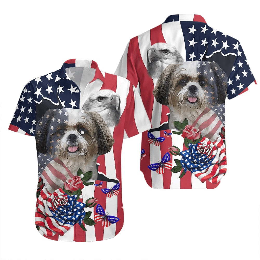 4Th Of July Hawaiian Shirts, 4Th Of July Cute Pet Shih Tzu Independence Day Hawaiian Shirt