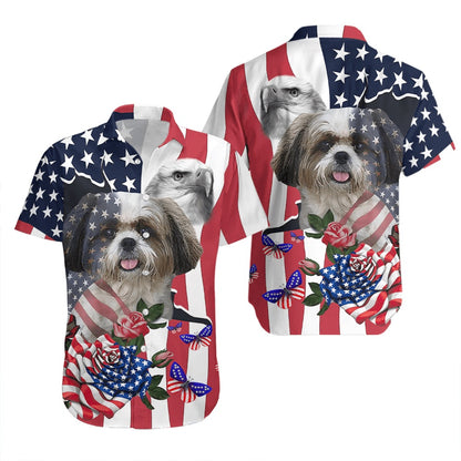4Th Of July Hawaiian Shirts, 4Th Of July Cute Pet Shih Tzu Independence Day Hawaiian Shirt