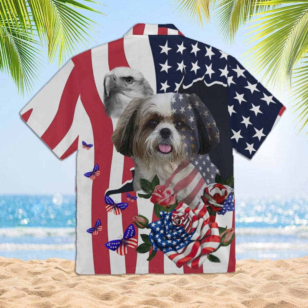 4Th Of July Hawaiian Shirts, 4Th Of July Cute Pet Shih Tzu Independence Day Hawaiian Shirt