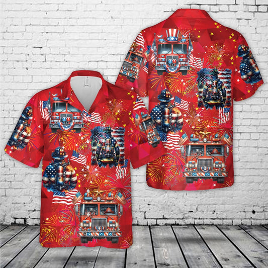 4Th Of July Hawaiian Shirts, 4Th Of July Fire Truck Firefighter Hawaiian Shirt, Hawaiian Firefighter Shirts