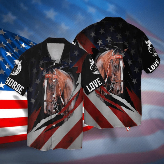 4Th Of July Hawaiian Shirts, 4Th Of July Independence Day Love Horse American Flag Hawaiian Shirt