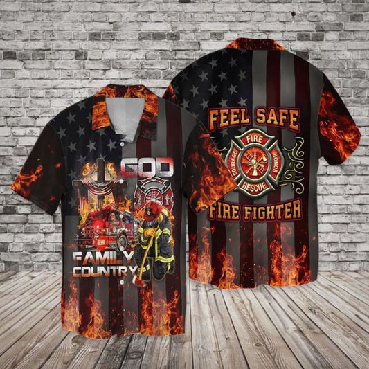 4Th Of July Hawaiian Shirts, 4Th Of July Independence Day Memorial Day Firefighter Family Country Feel Safe Hawaiian Shirt