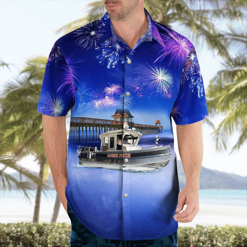 4Th Of July Hawaiian Shirts, 4Th Of July Sanibel Fire Rescue District Fire Boat Hawaiian Shirt