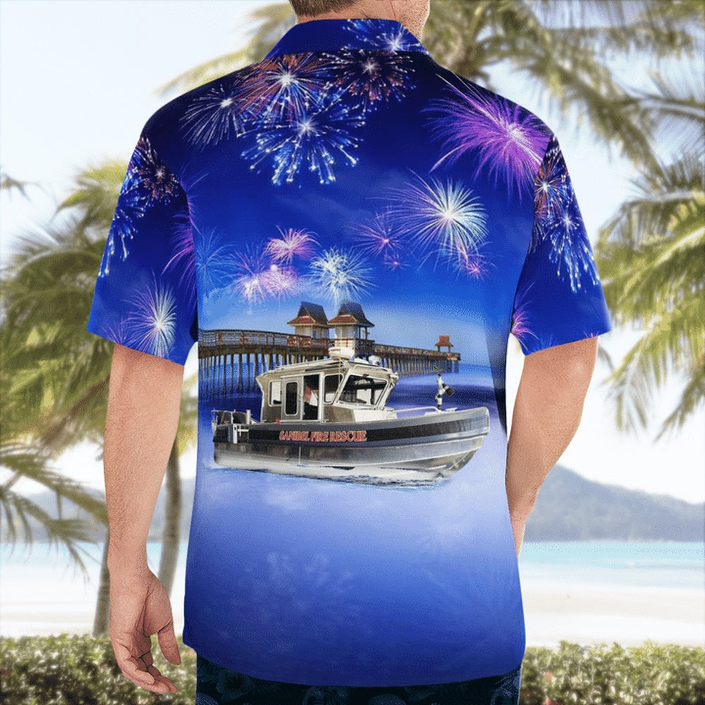 4Th Of July Hawaiian Shirts, 4Th Of July Sanibel Fire Rescue District Fire Boat Hawaiian Shirt