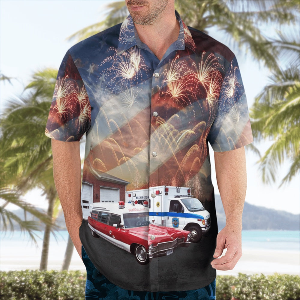 4Th Of July Hawaiian Shirts, 4Th Of July Washington Ambulance Hawaiian Shirt