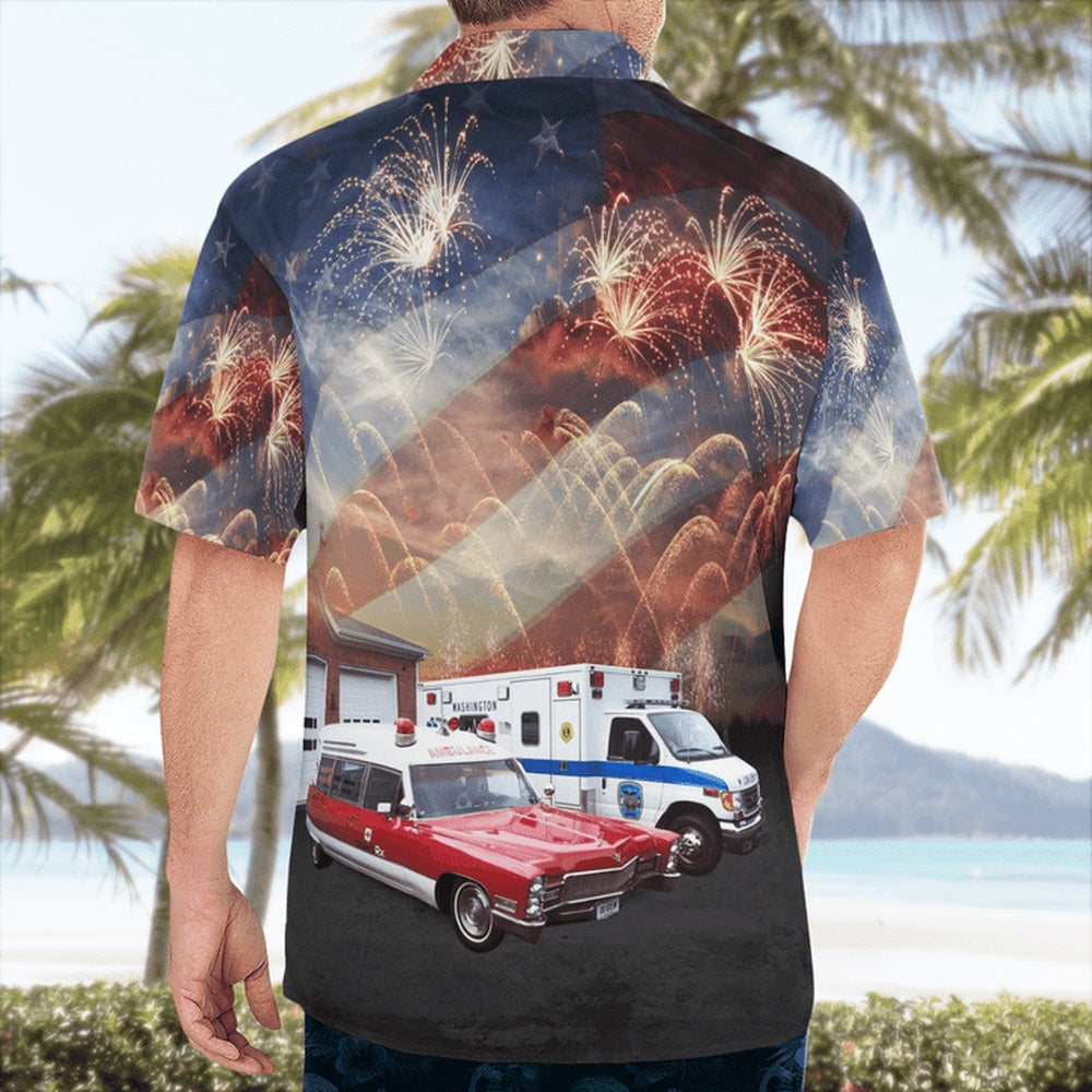 4Th Of July Hawaiian Shirts, 4Th Of July Washington Ambulance Hawaiian Shirt