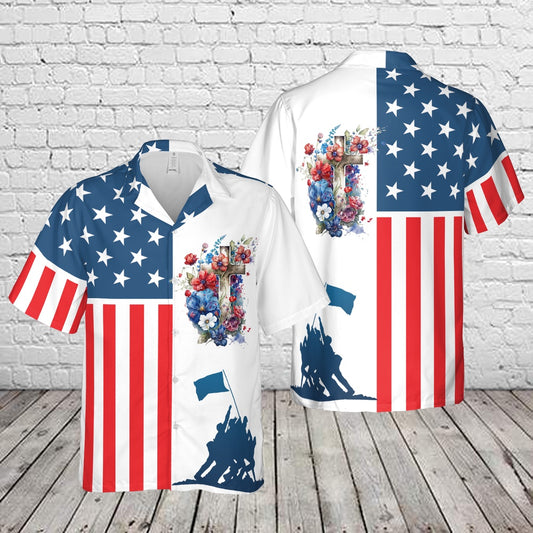 4Th Of July Hawaiian Shirts, 4th July Happy Independence Day US Flag Cross Hawaiian Shirt, Hawaiian Beach Shirts For Men Women