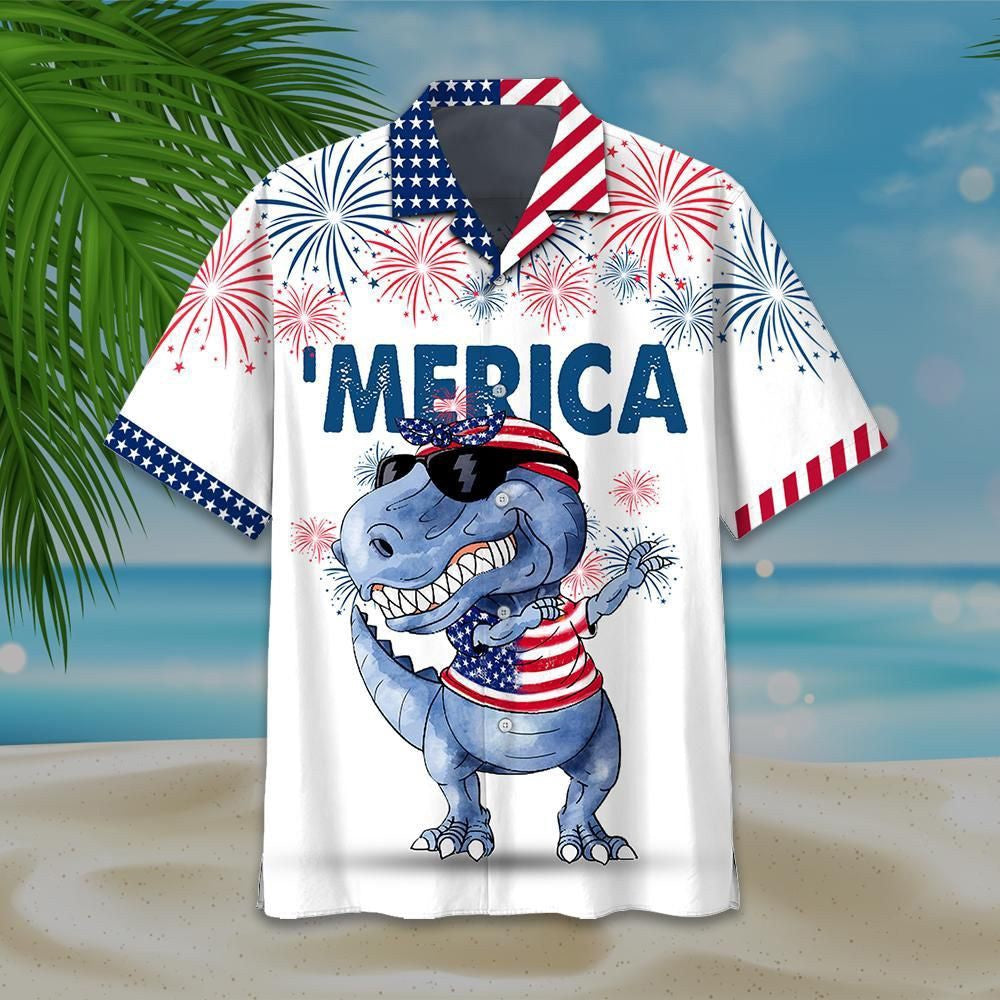 4Th Of July Hawaiian Shirts, 4th Of July Dabbing T-Rex Hawaiian Shirt Funny Dinosaur Independence Day Clothing Men's