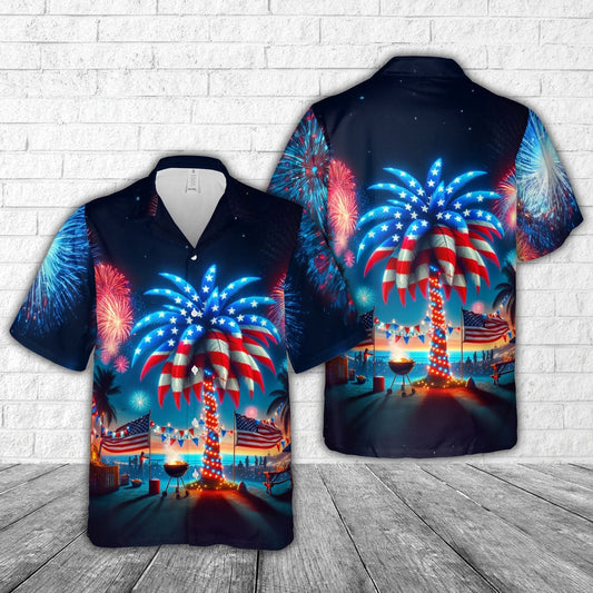 4Th Of July Hawaiian Shirts, 4th Of July Palm Tree Hawaiian Shirt, Hawaiian Beach Shirts For Men Women