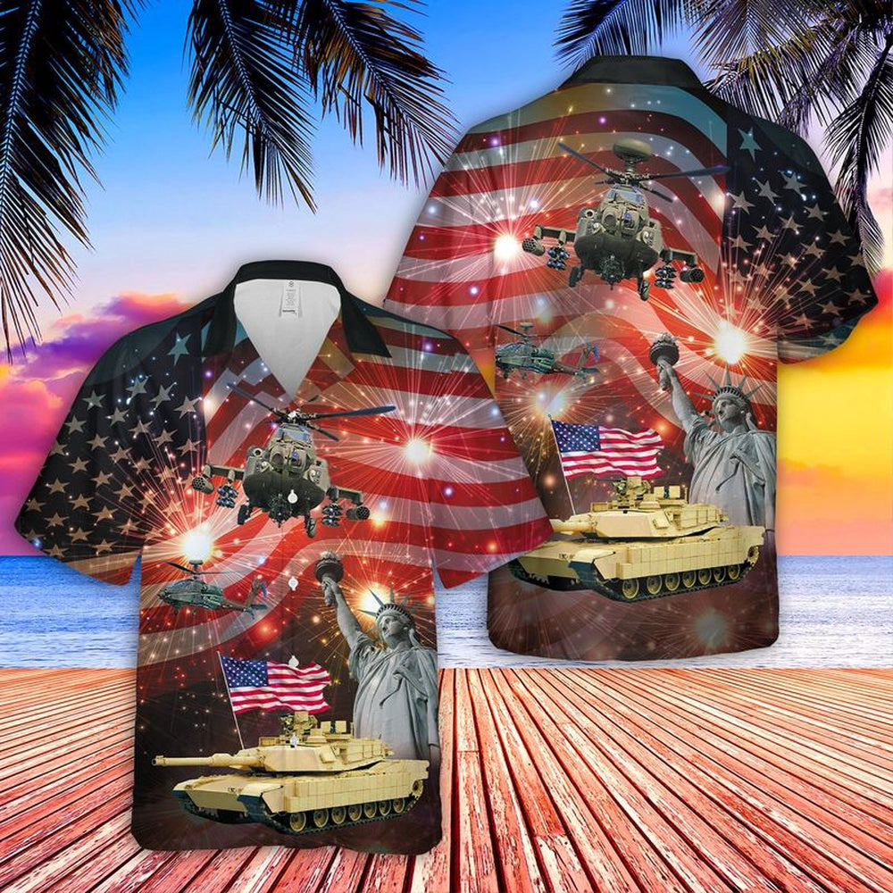4Th Of July Hawaiian Shirts, Abrams Battle Tank And Apache 4Th Of July Hawaiian Shirt, Military Aloha Shirts