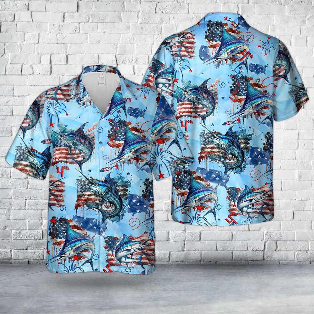 4Th Of July Hawaiian Shirts, American Blue Marlin 4Th Of July Hawaiian Shirt, Military Aloha Shirts