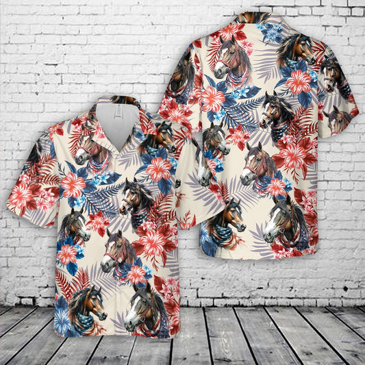 4Th Of July Hawaiian Shirts, American Mustang Horse 4th Of July Hawaiian Shirt, Hawaiian Beach Shirts For Men Women