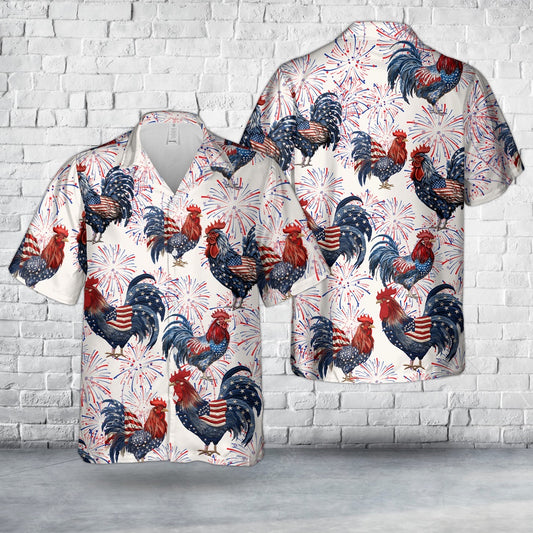 4Th Of July Hawaiian Shirts, American Themed Rooster in Red White and Blue Colors of the American Flag 4th Of July Hawaiian Shirt