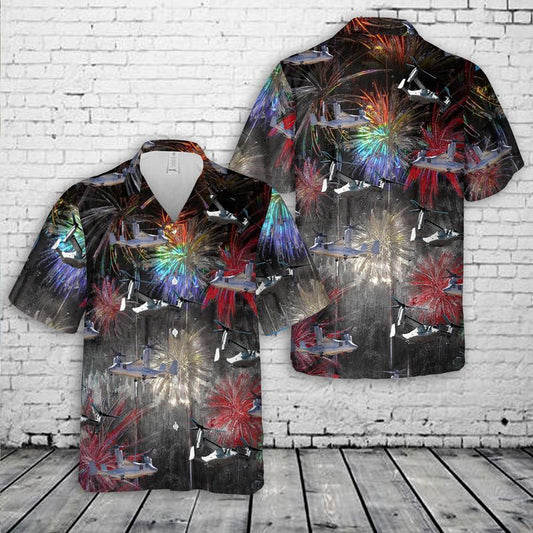 4Th Of July Hawaiian Shirts, Bell Boeing V-22 Osprey Firework Art 4Th Of July Hawaiian Shirt, Hawaiian Firefighter Shirts