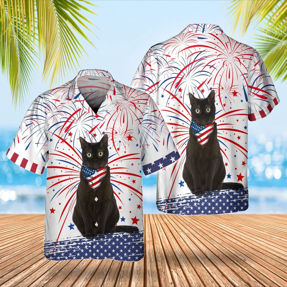 4Th Of July Hawaiian Shirts, Black Cat Fireworks 4Th Of July Hawaiian Shirts Black Cat Merchandise Gifts