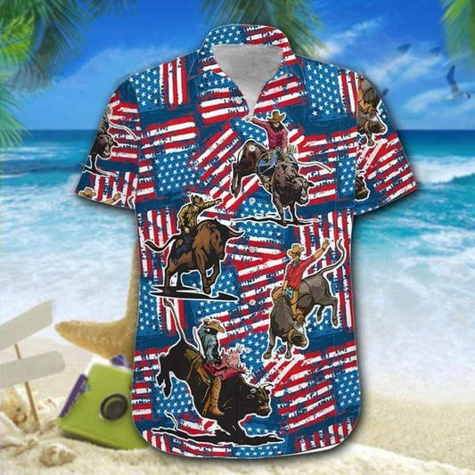 4Th Of July Hawaiian Shirts, Bull Riding American Flag 4Th Of July Hawaiian Shirts