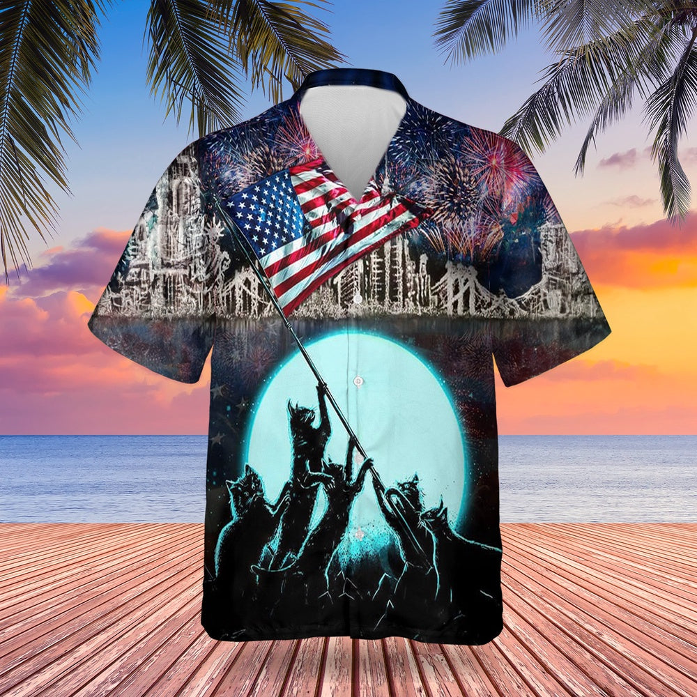 4Th Of July Hawaiian Shirts, Cat Celebrate Freedom 4Th Of July Hawaiian Shirts Cat Raising Flag USA Independence Day