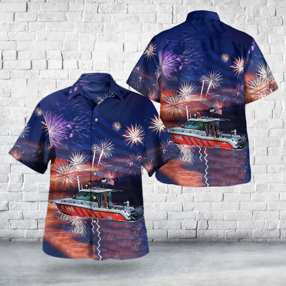 4Th Of July Hawaiian Shirts, Chicago Fire Department Cfd Illinois Eugene Blackmon Fireboat 4Th Of July Hawaiian Shirt, Hawaiian Firefighter Shirts