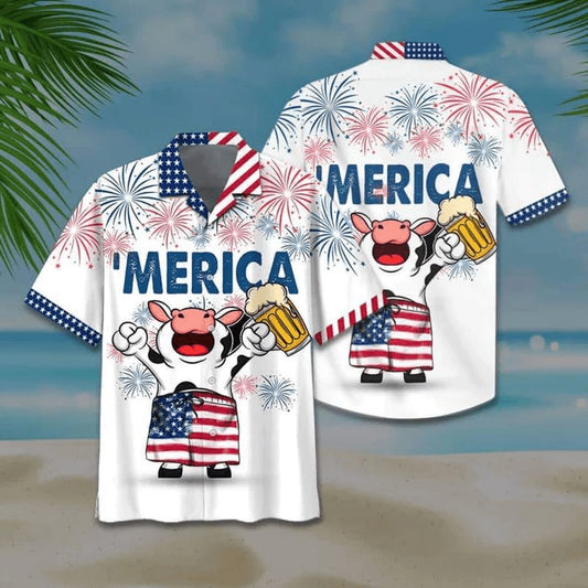 4Th Of July Hawaiian Shirts, Cow And Beer 4Th Of July Hawaiian Shirts, American Flag Hawaiian Shirts