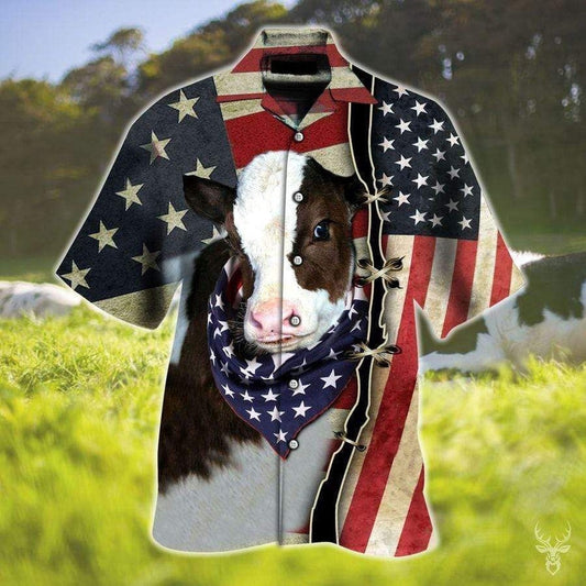4Th Of July Hawaiian Shirts, Cute Flag Cow Hawaiian Aloha Shirts, 4Th Of July Shirt, Gift For Cowe Lovers