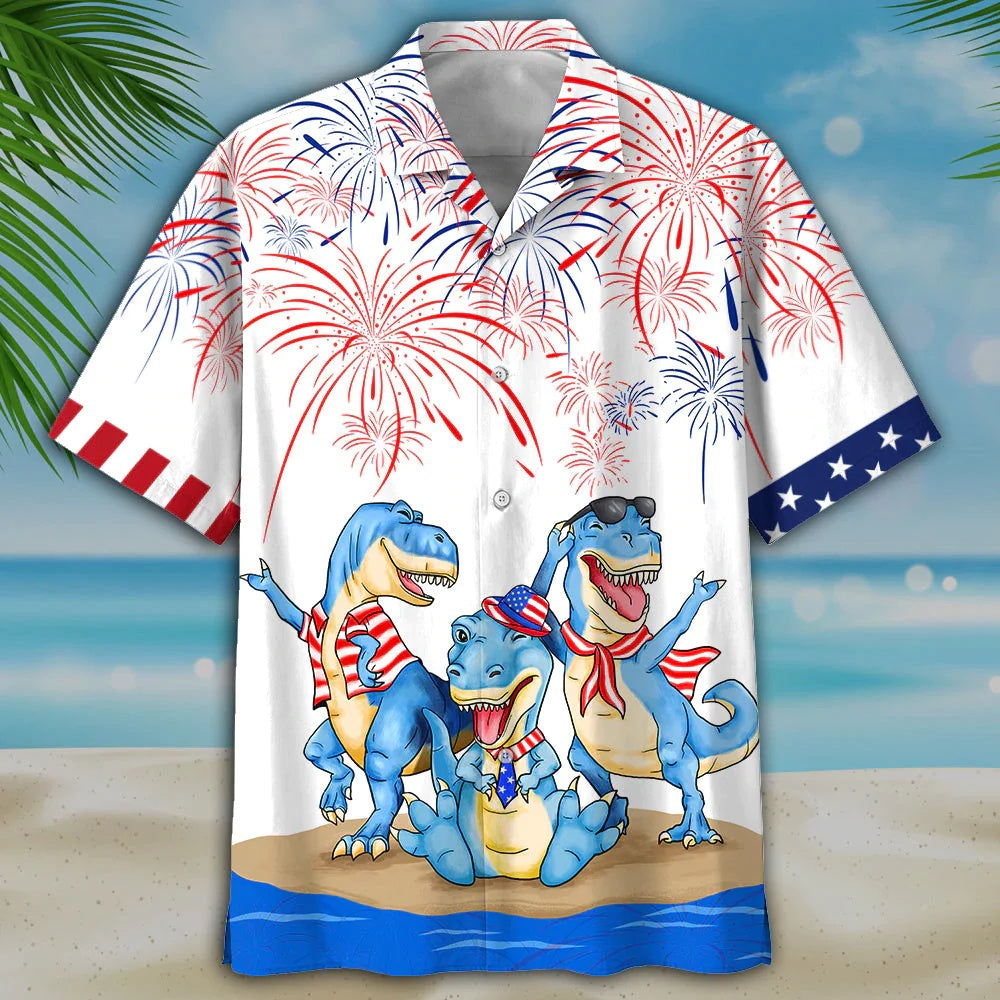 4Th Of July Hawaiian Shirts, Dinosaur 4Th Of July Hawaiian Shirts- Independence Day Hawaiian Shirt
