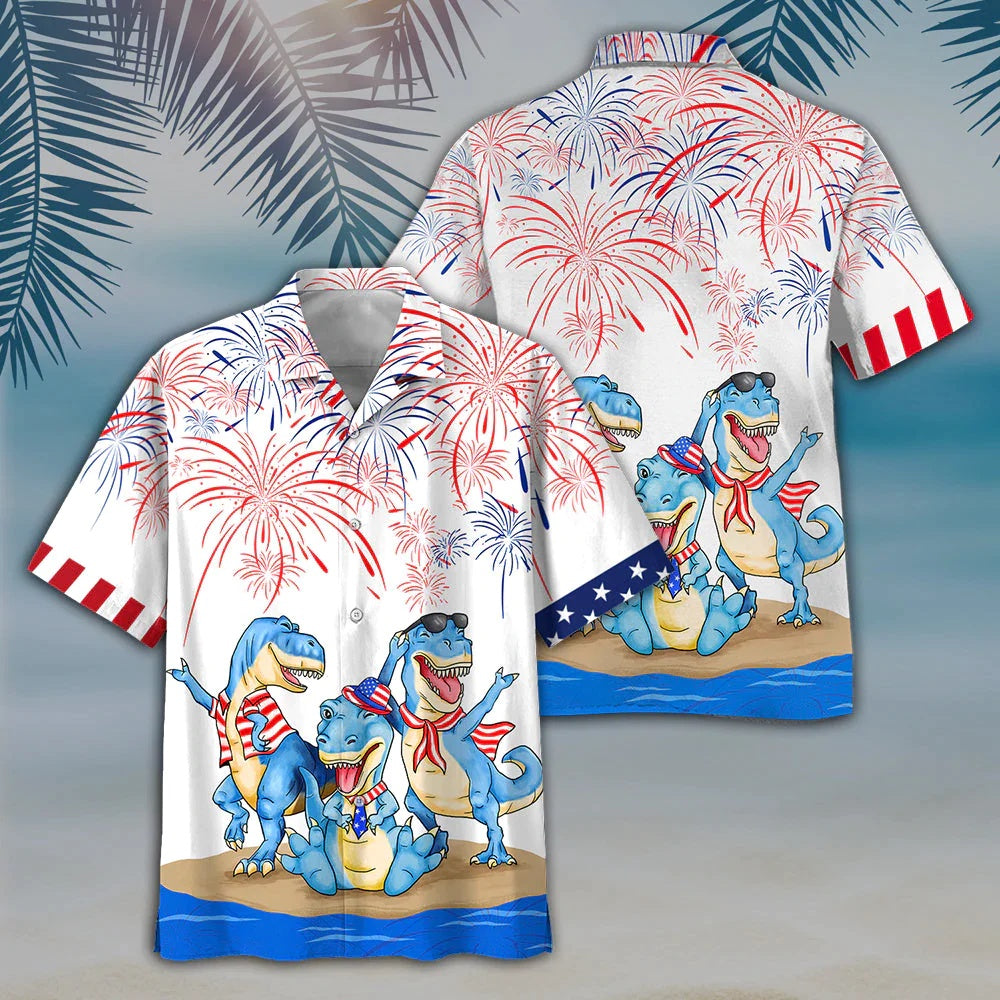4Th Of July Hawaiian Shirts, Dinosaur 4Th Of July Hawaiian Shirts- Independence Day Hawaiian Shirt