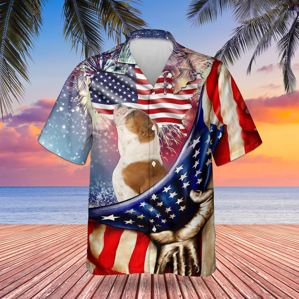 4Th Of July Hawaiian Shirts, English Bulldog 4Th Of July Hawaiian Shirts USA Flag Dog Fourth Of July Graphic Tee