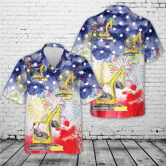 4Th Of July Hawaiian Shirts, Excavator Backhoe construction 4th Of July Hawaiian Shirt, Hawaiian Beach Shirts For Men Women