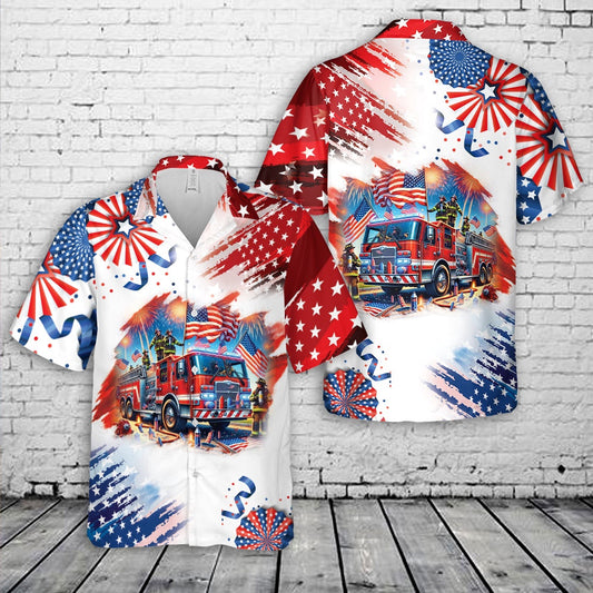 4Th Of July Hawaiian Shirts, Fire Truck 4Th Of July Hawaiian Shirt, Hawaiian Firefighter Shirts