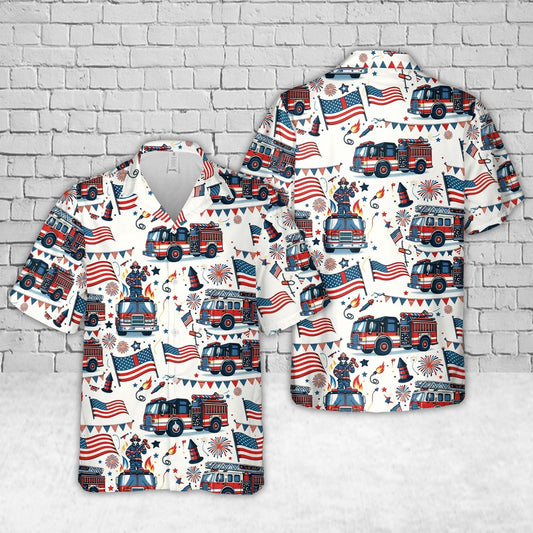 4Th Of July Hawaiian Shirts, Fire Truck 4Th Of July Hawaiian Shirts, Hawaiian Firefighter Shirts