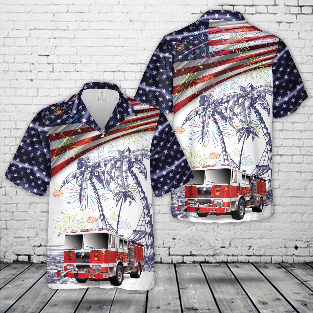 4Th Of July Hawaiian Shirts, Fire Truck Firefighter 4Th Of July Hawaiian Shirt, Hawaiian Firefighter Shirts