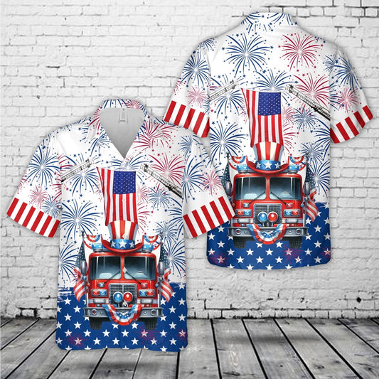 4Th Of July Hawaiian Shirts, Fire Truck Firefighter 4Th Of July Hawaiian Shirts, Hawaiian Firefighter Shirts