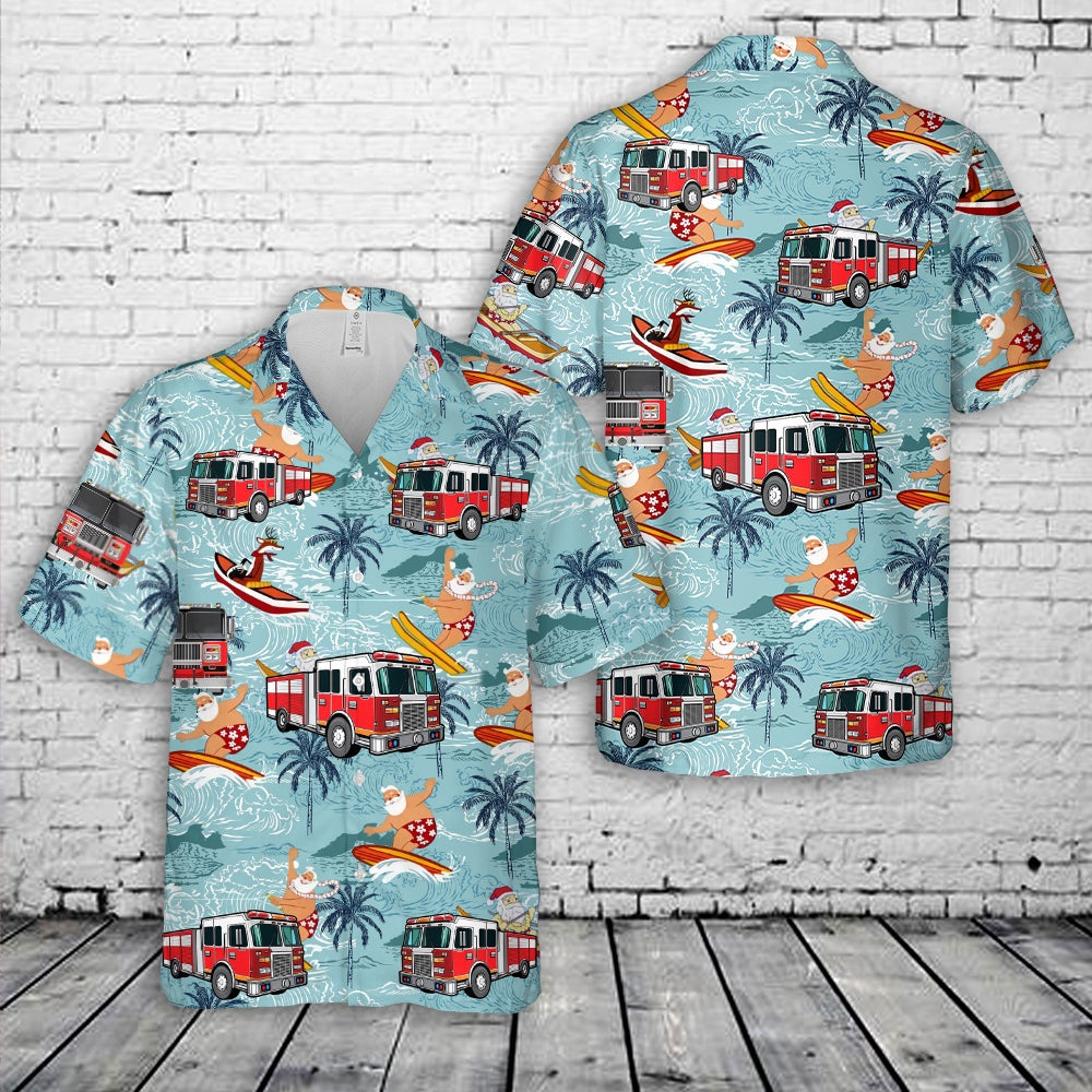 4Th Of July Hawaiian Shirts, Fire Trucks Christmas In July Hawaiian Shirt, Hawaiian Firefighter Shirts
