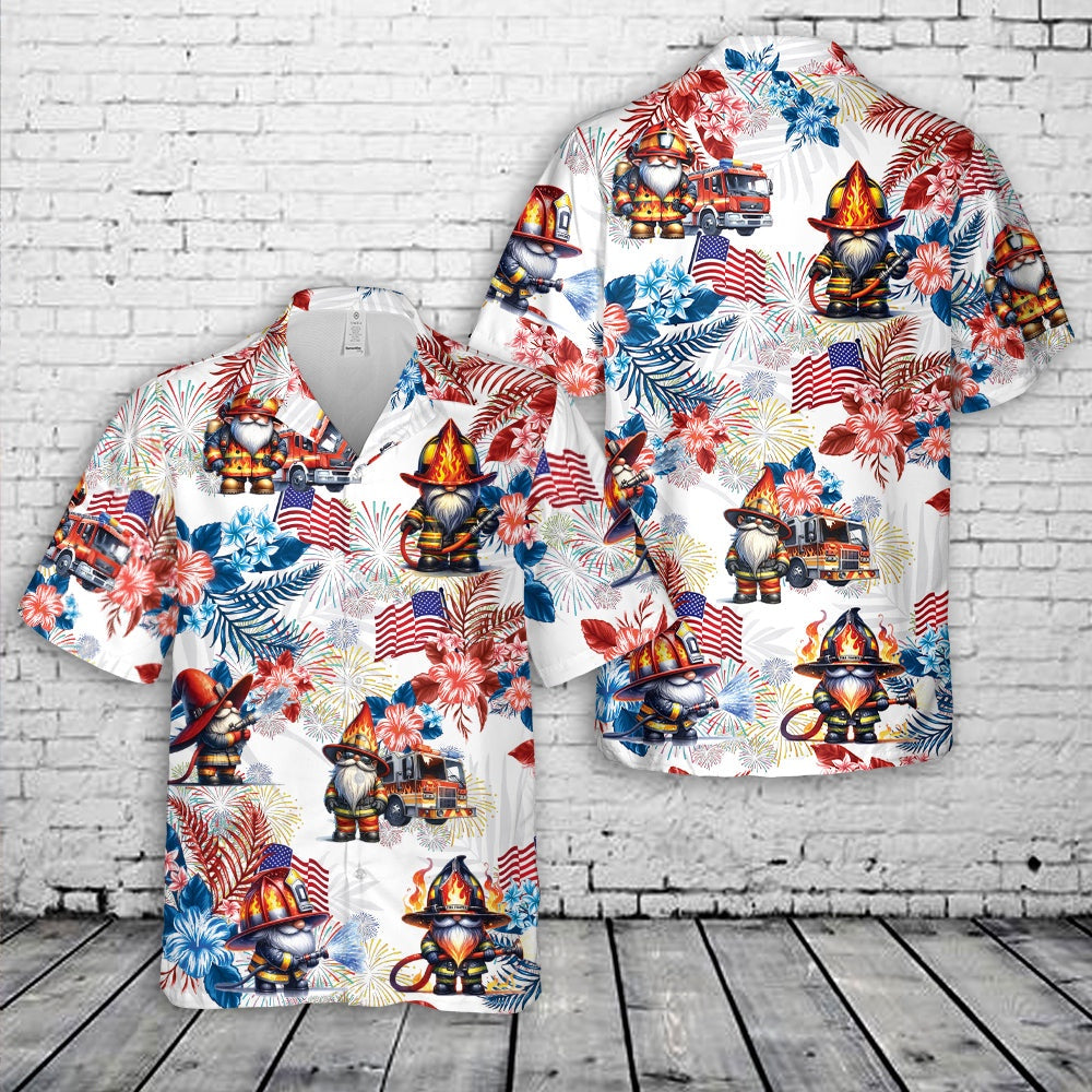 4Th Of July Hawaiian Shirts, Fire Trucks Gnomes Firefighter 4Th Of July Hawaiian Shirt, Hawaiian Firefighter Shirts