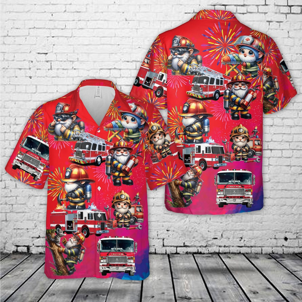 4Th Of July Hawaiian Shirts, Fire Trucks Gnomes Firefighter 4Th Of July Hawaiian Shirts, Hawaiian Firefighter Shirts