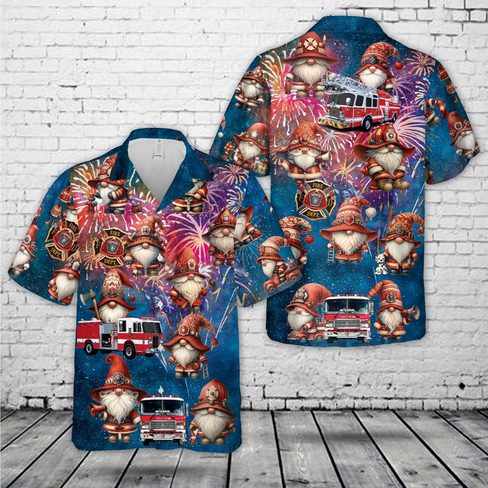 4Th Of July Hawaiian Shirts, Fire Trucks Gnomes Firefighter Hawaiian Shirt 4Th Of July Hawaiian Shirt, Hawaiian Firefighter Shirts