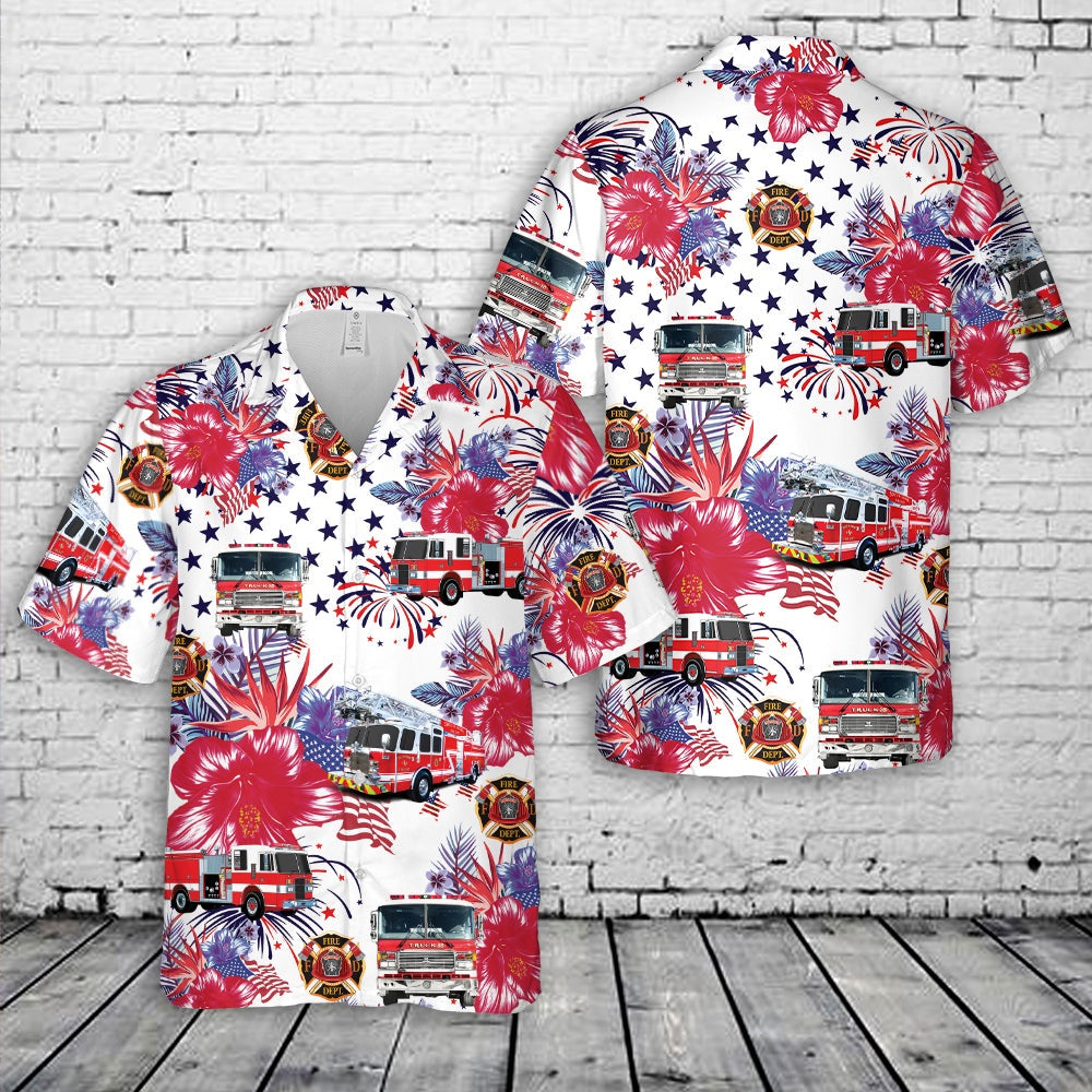 4Th Of July Hawaiian Shirts, Firefighter Fire Truck 4Th Of July Men'S Hawaiian Shirt, Hawaiian Firefighter Shirts