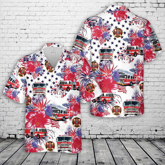 4Th Of July Hawaiian Shirts, Firefighter Fire Truck 4Th Of July Men'S Hawaiian Shirt, Hawaiian Firefighter Shirts